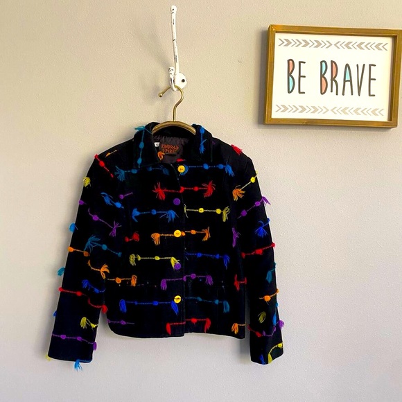 Kindrid Spirit Jacket Vintage 80's Rainbow Striped Tassel Black Lined Blazer - Picture 1 of 12